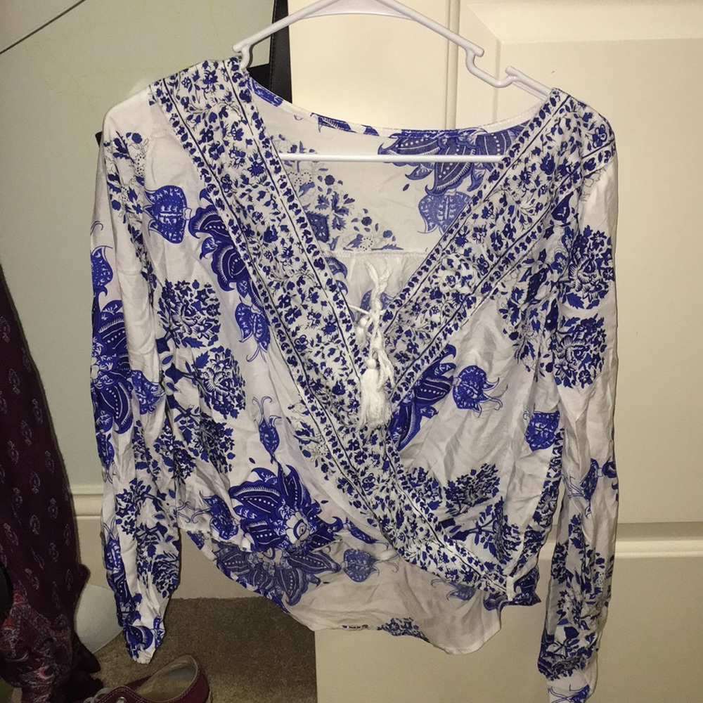 Blue and White Wrap Top